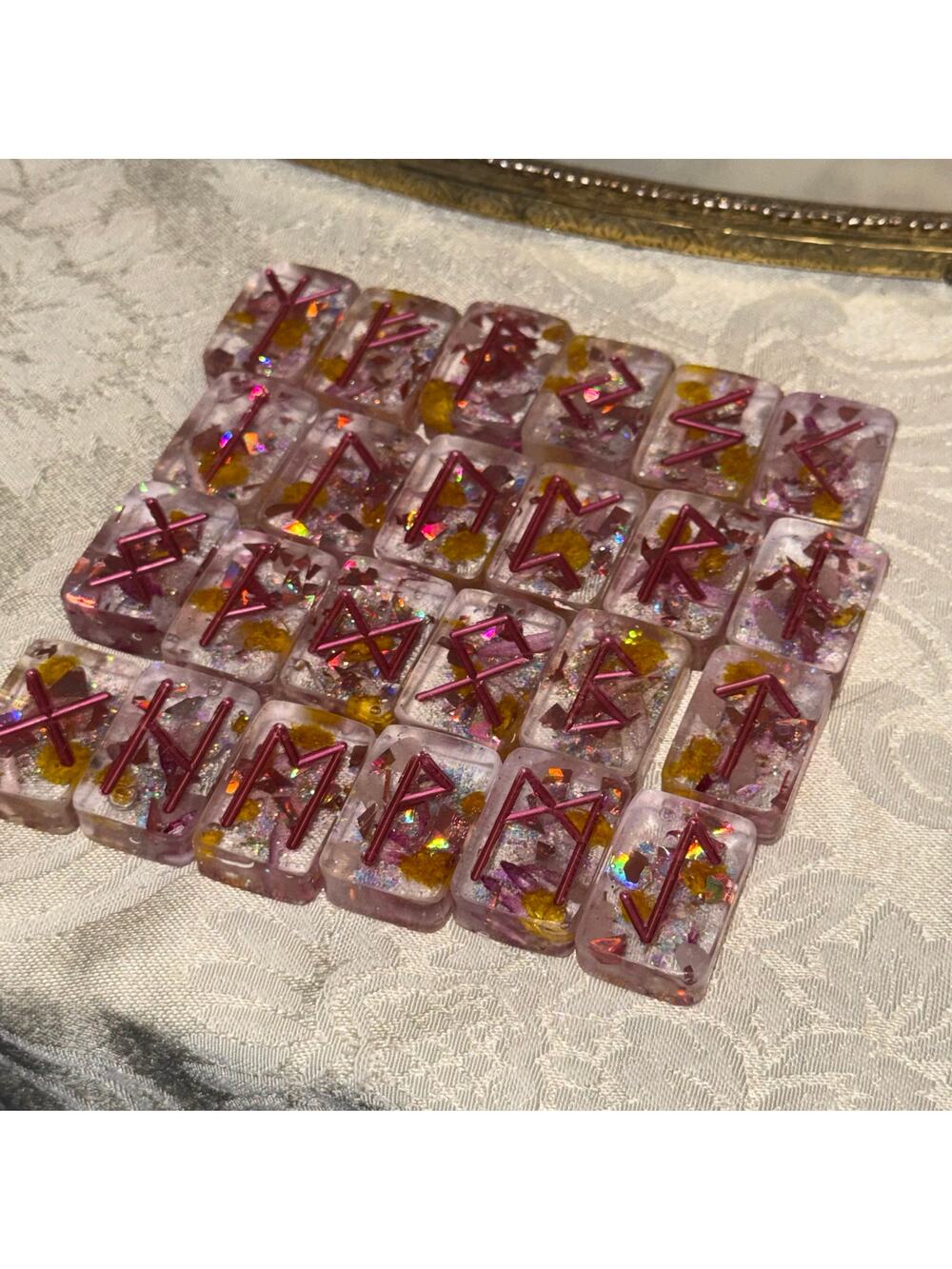 Elder Futhark Rune Set – Rose Quartz & Floral Resin Divination Set
